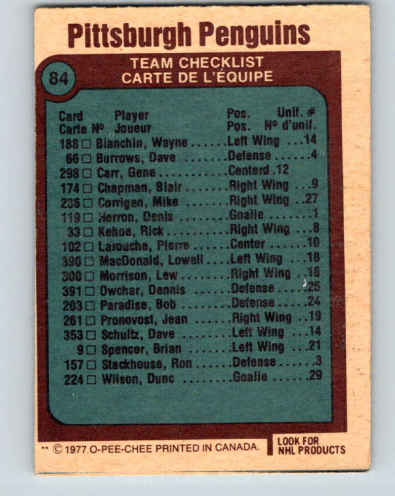 1977-78 O-Pee-Chee #84 Penguins Team NHL Penguins 9710