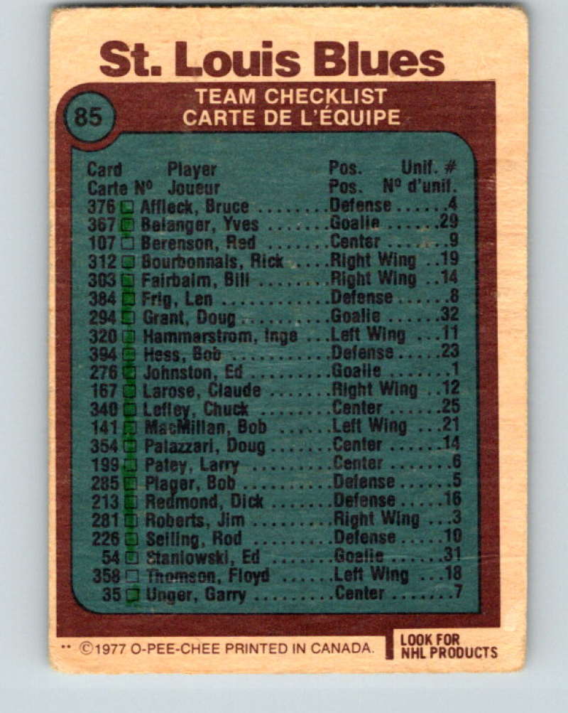 1977-78 O-Pee-Chee #85 Blues Team NHL Blues 9711 Image 2