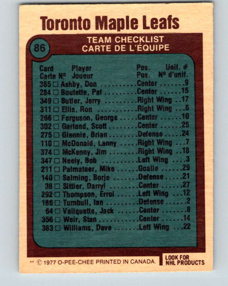 1977-78 O-Pee-Chee #86 Maple Leafs Team NHL Maple Leafs 9712