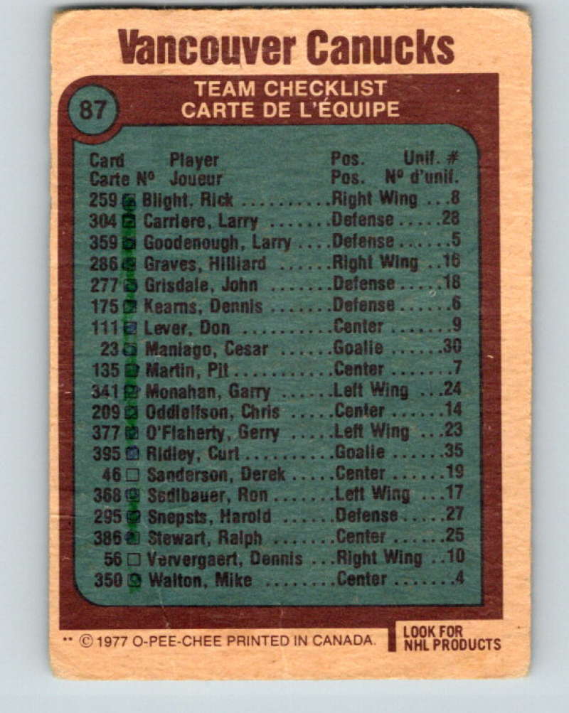 1977-78 O-Pee-Chee #87 Canucks Team NHL Canucks 9713