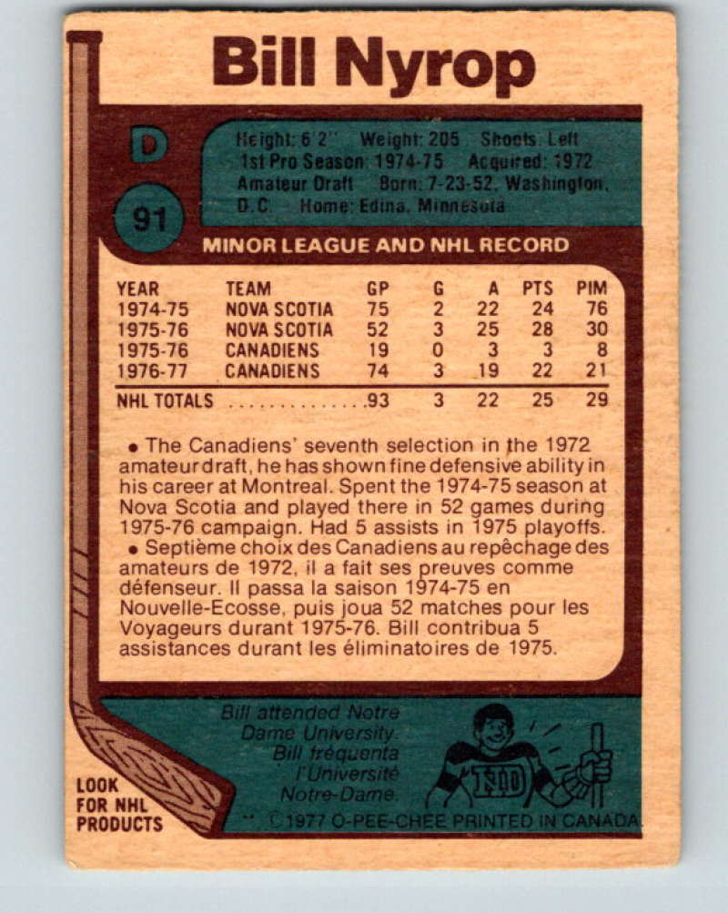 1977-78 O-Pee-Chee #91 Bill Nyrop NHL Canadiens 9717