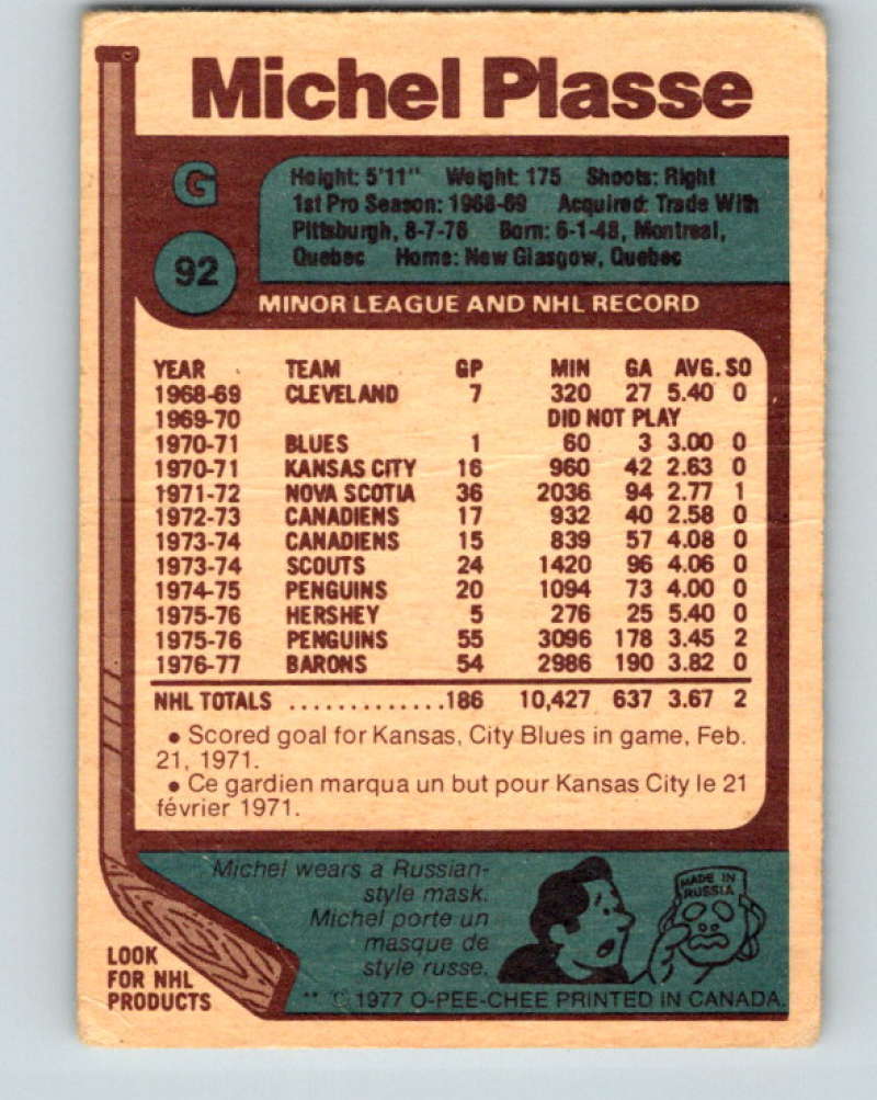 1977-78 O-Pee-Chee #92 Michel Plasse NHL Rockies 9718 Image 2