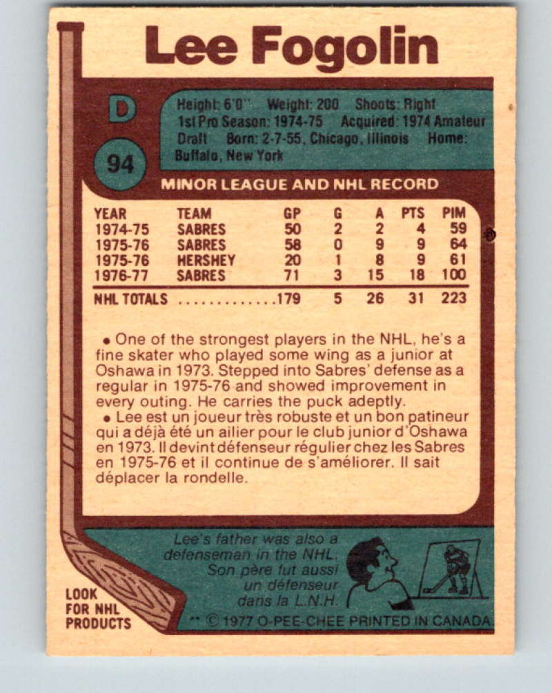 1977-78 O-Pee-Chee #94 Lee Fogolin NHL Sabres 9720 Image 2