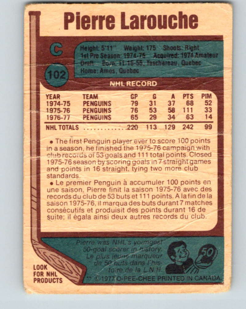 1977-78 O-Pee-Chee #102 Pierre Larouche NHL Penguins 9728 Image 2
