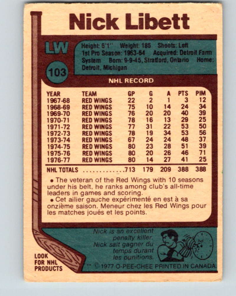 1977-78 O-Pee-Chee #103 Nick Libett NHL Red Wings 9729 Image 2