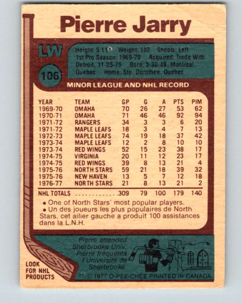 1977-78 O-Pee-Chee #106 Pierre Jarry NHL North Stars 9733 Image 2