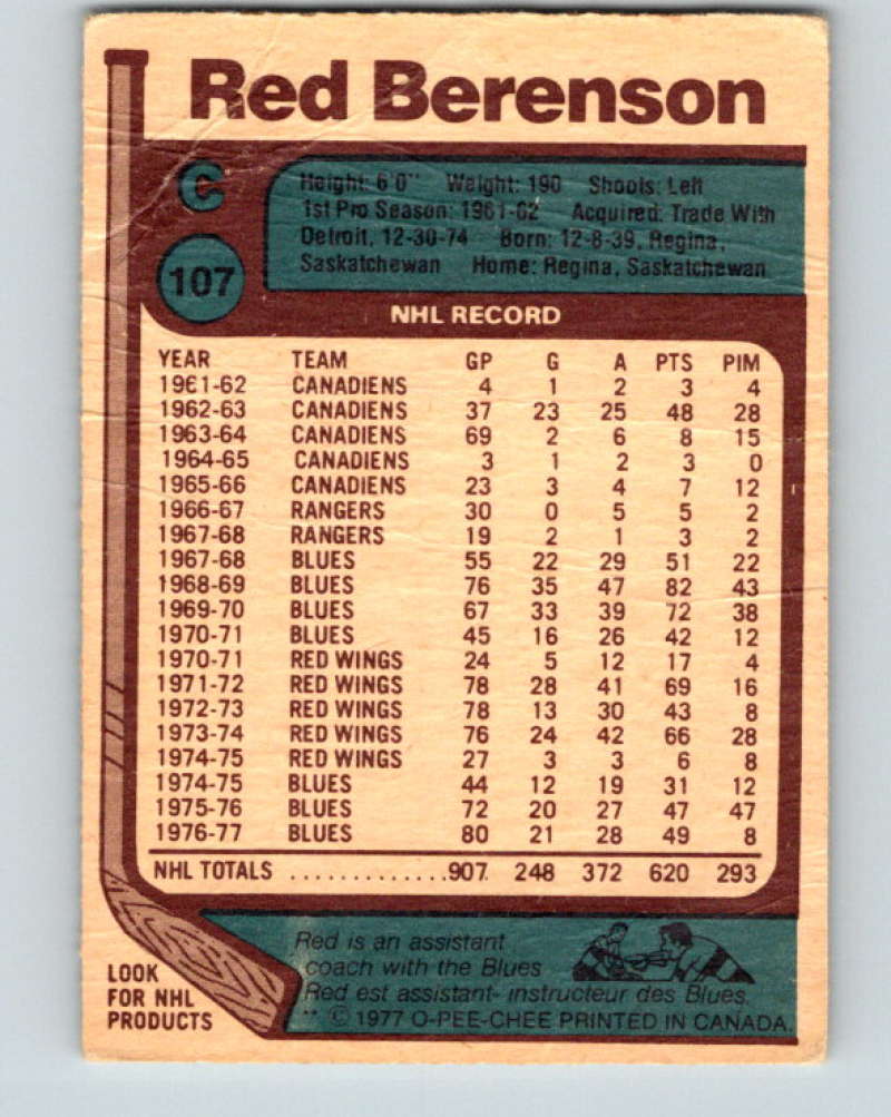 1977-78 O-Pee-Chee #107 Red Berenson NHL Blues 9734