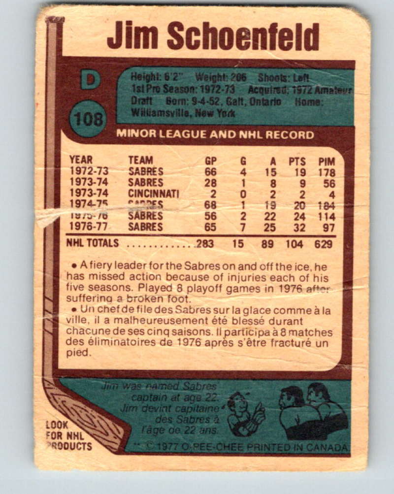1977-78 O-Pee-Chee #108 Jim Schoenfeld NHL Sabres 9735 Image 2