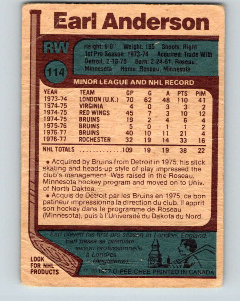1977-78 O-Pee-Chee #114 Earl Anderson NHL RC Rookie Bruins 9741