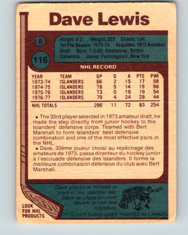 1977-78 O-Pee-Chee #116 Dave Lewis NHL NY Islanders 9743 Image 2