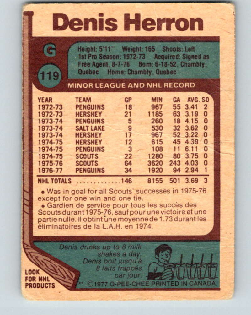 1977-78 O-Pee-Chee #119 Denis Herron NHL Penguins 9746 Image 2