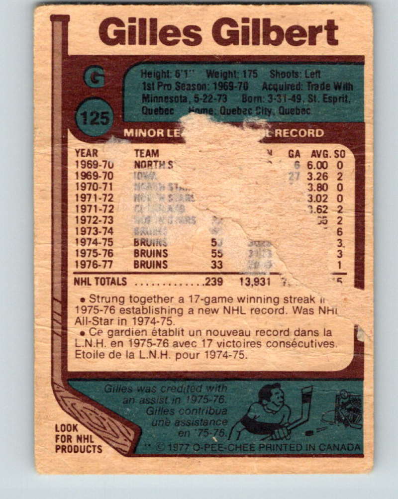 1977-78 O-Pee-Chee #125 Gilles Gilbert NHL Bruins 9752