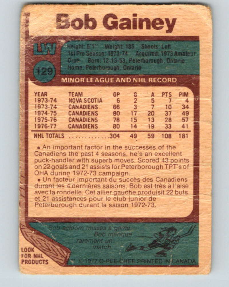 1977-78 O-Pee-Chee #129 Bob Gainey NHL Canadiens 9756 Image 2
