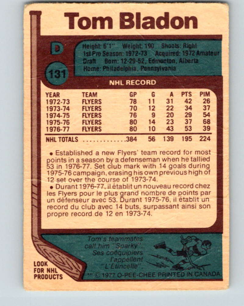 1977-78 O-Pee-Chee #131 Tom Bladon NHL Flyers 9758 Image 2