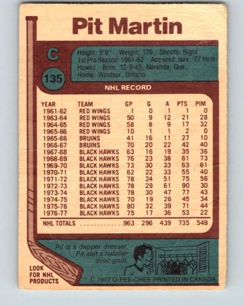 1977-78 O-Pee-Chee #135 Pit Martin NHL  Canucks 9762 Image 2
