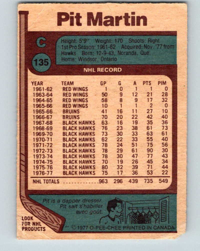 1977-78 O-Pee-Chee #135 Pit Martin NHL Canucks 9763 Image 2