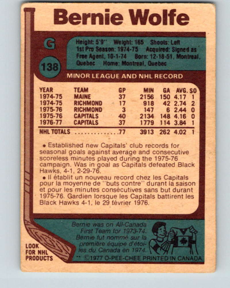 1977-78 O-Pee-Chee #138 Bernie Wolfe NHL Capitals 9766 Image 2