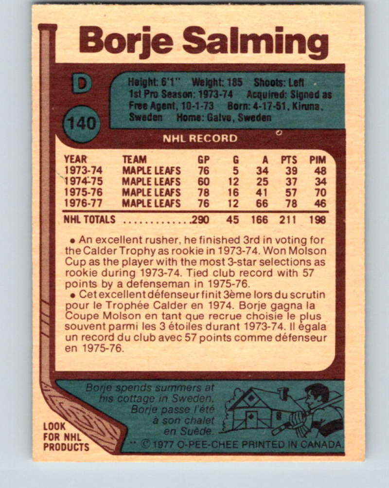 1977-78 O-Pee-Chee #140 Borje Salming NHL Maple Leafs AS 9768