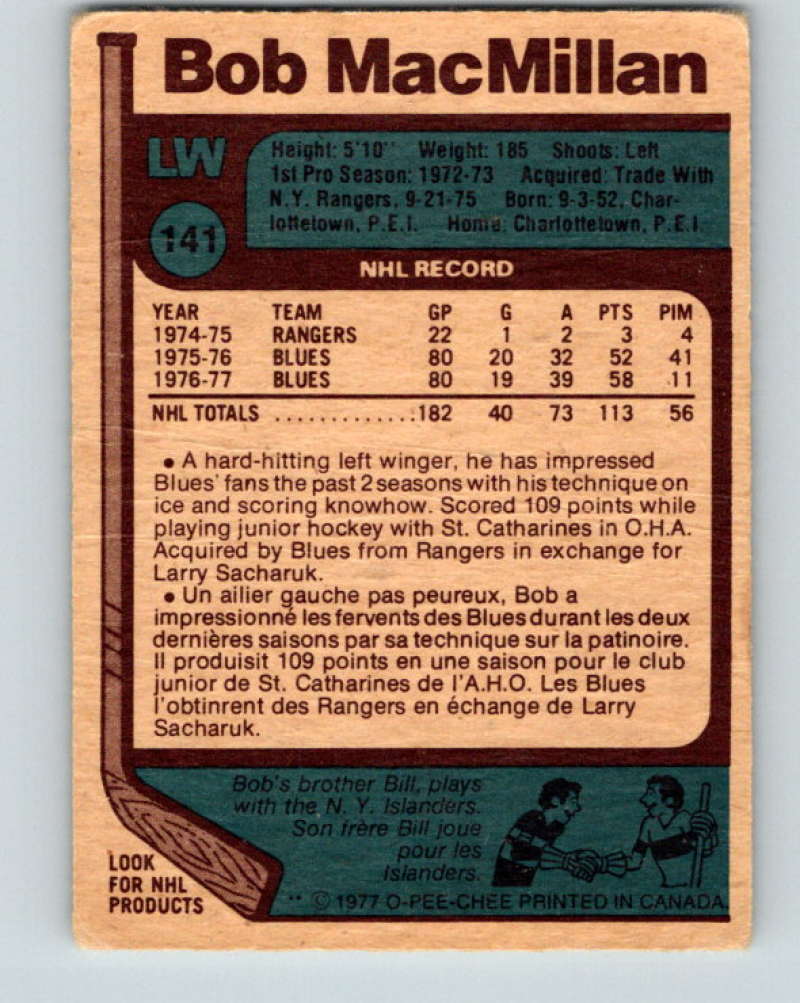 1977-78 O-Pee-Chee #141 Bob MacMillan NHL Blues 9769 Image 2