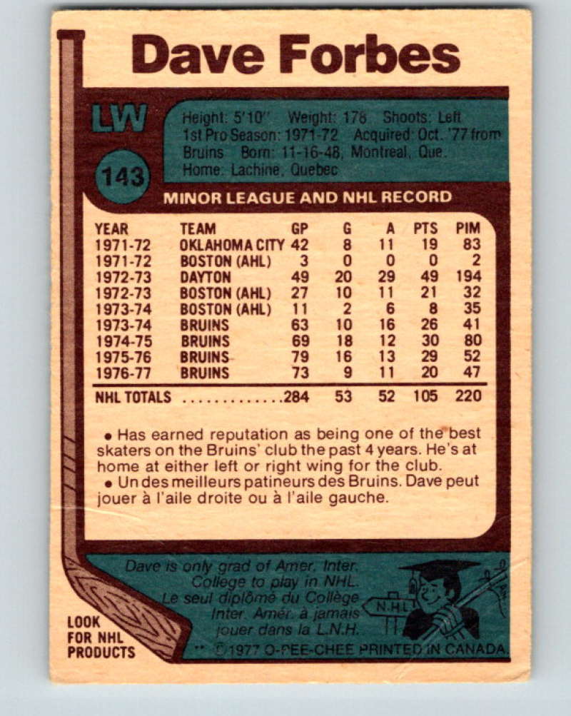 1977-78 O-Pee-Chee #143 Dave Forbes NHL Capitals 9771 Image 2