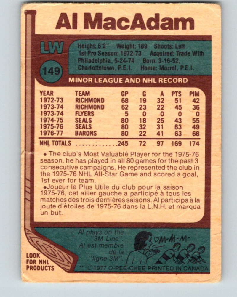 1977-78 O-Pee-Chee #149 Al MacAdam NHL Barons 9777 Image 2