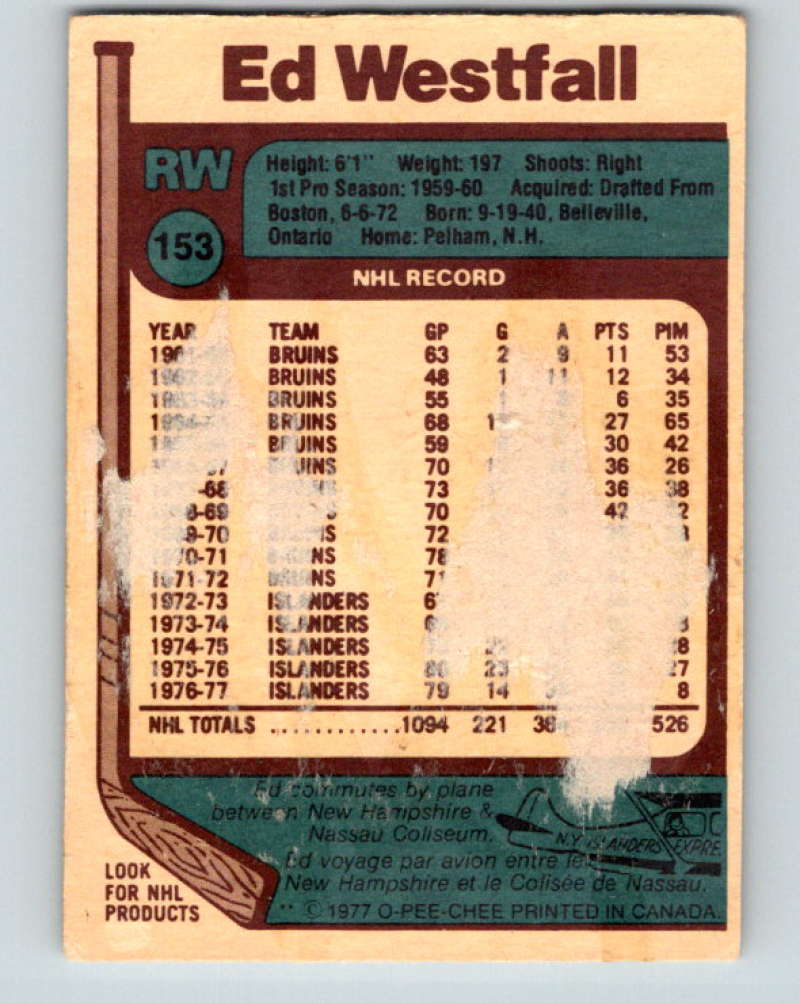 1977-78 O-Pee-Chee #153 Ed Westfall NHL NY Islanders 9781 Image 2