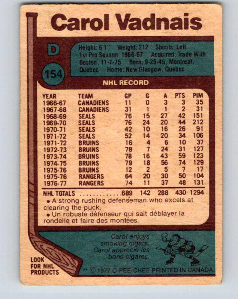 1977-78 O-Pee-Chee #154 Carol Vadnais NHL NY Rangers 9782 Image 2