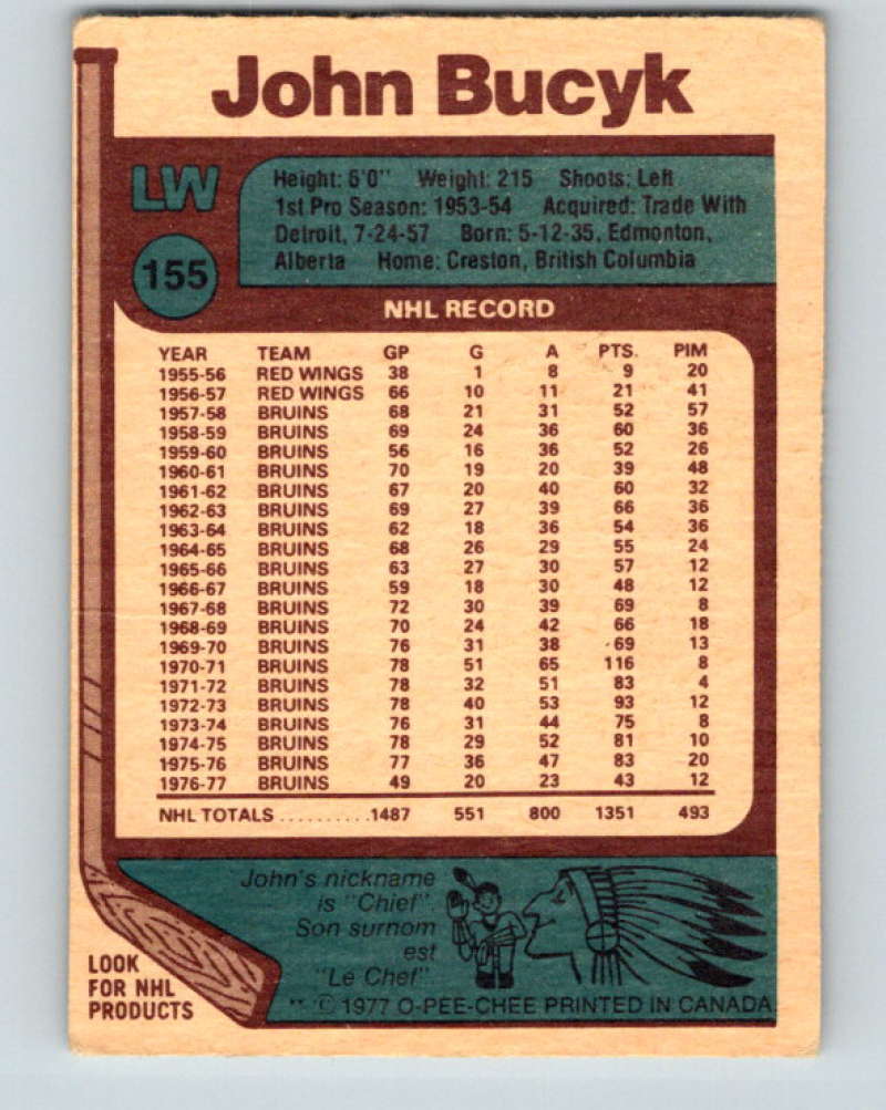 1977-78 O-Pee-Chee #155 Johnny Bucyk NHL Bruins 9783