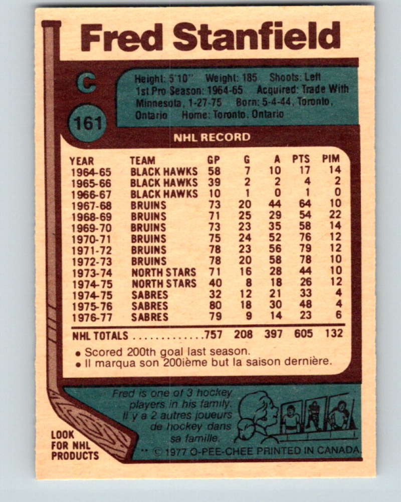 1977-78 O-Pee-Chee #161 Fred Stanfield NHL Sabres 9789 Image 2