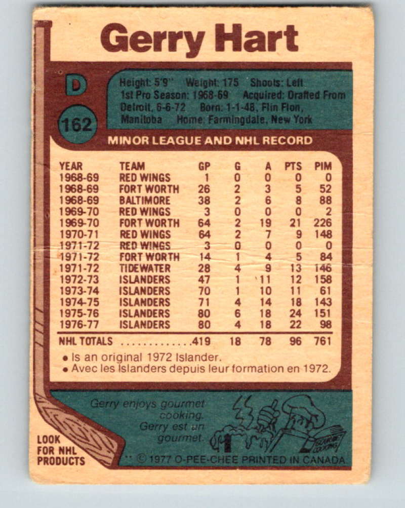 1977-78 O-Pee-Chee #162 Gerry Hart NHL NY Islanders 9790 Image 2