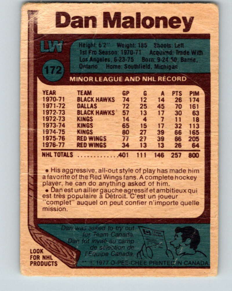 1977-78 O-Pee-Chee #172 Dan Maloney NHL Red Wings 9801 Image 2