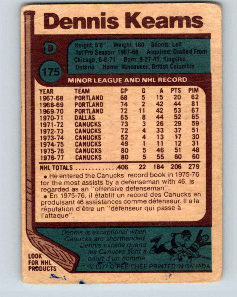 1977-78 O-Pee-Chee #175 Dennis Kearns NHL Canucks 9804 Image 2