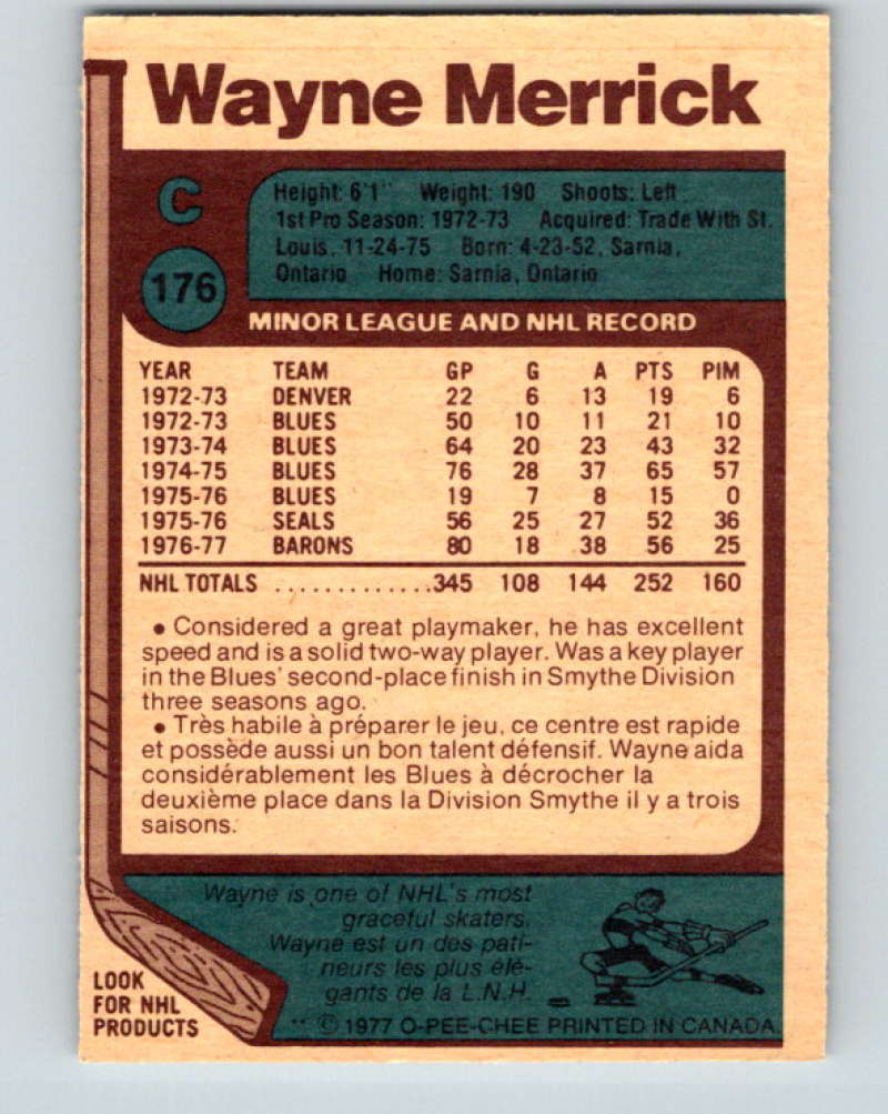 1977-78 O-Pee-Chee #176 Wayne Merrick NHL Barons 9805 Image 2