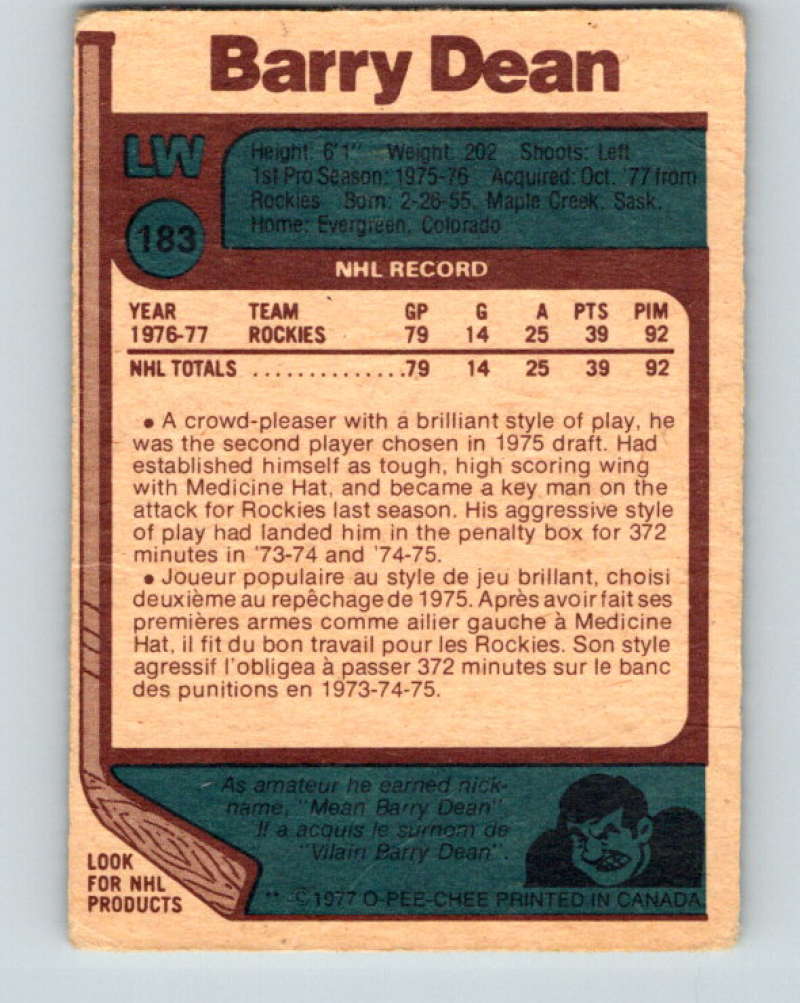 1977-78 O-Pee-Chee #183 Barry Dean NHL RC Rookie Flyers 9812 Image 2