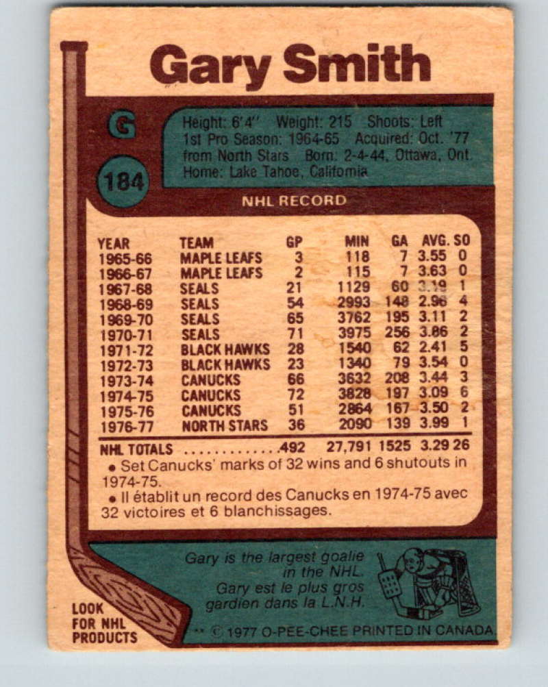 1977-78 O-Pee-Chee #184 Gary Smith NHL Capitals 9813 Image 2