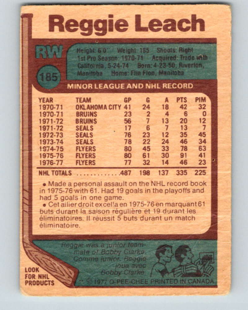 1977-78 O-Pee-Chee #185 Reggie Leach NHL Flyers 9814 Image 2