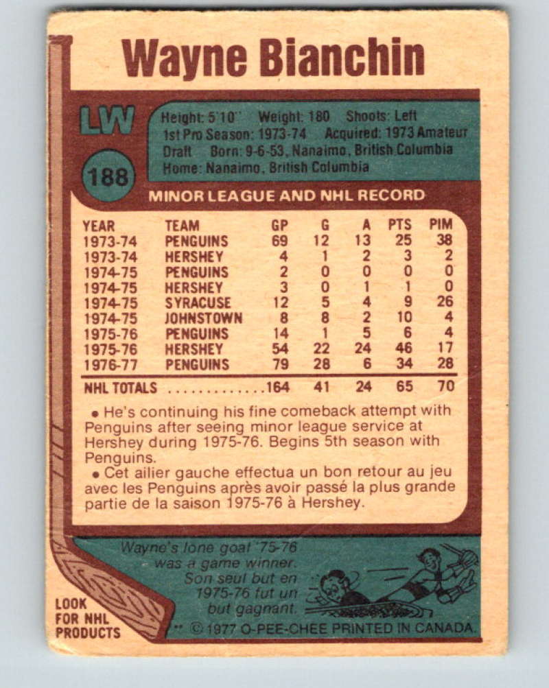 1977-78 O-Pee-Chee #188 Wayne Bianchin NHL RC Rookie 9817 Image 2