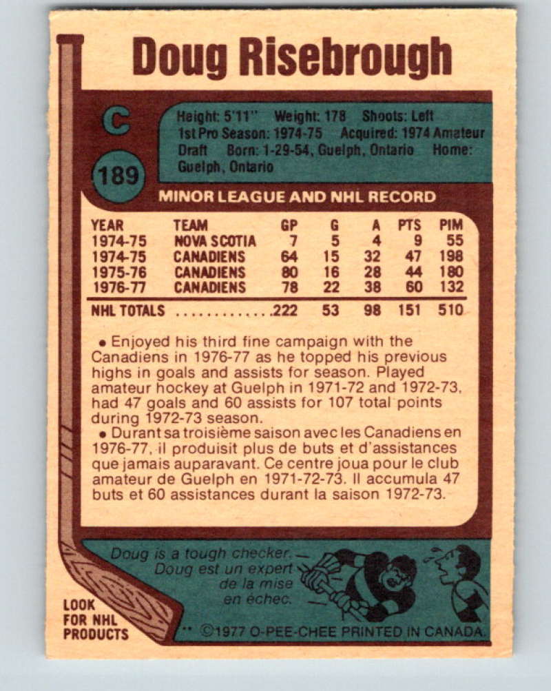 1977-78 O-Pee-Chee #189 Doug Risebrough NHL Canadiens 9818