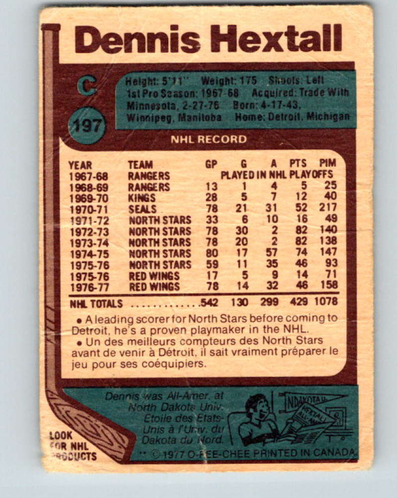 1977-78 O-Pee-Chee #197 Dennis Hextall NHL Red Wings 9826 Image 2