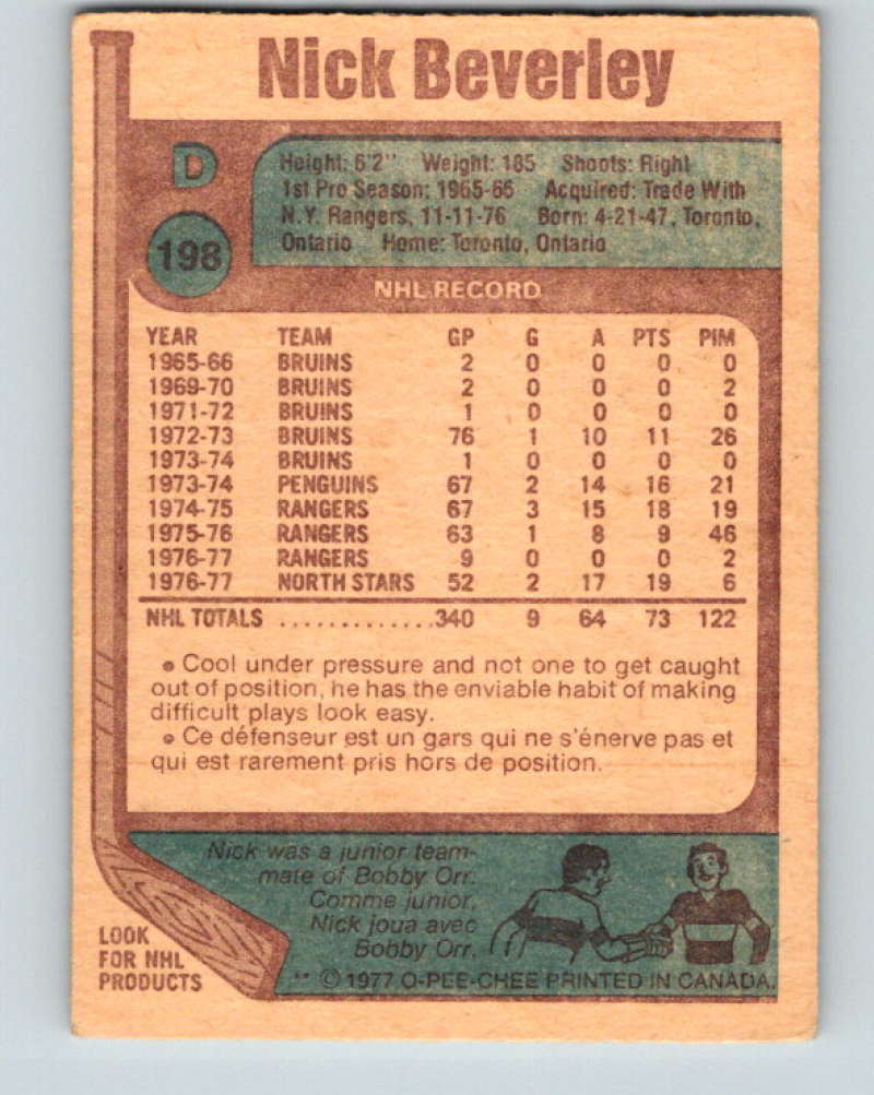 1977-78 O-Pee-Chee #198 Nick Beverley NHL North Stars 9827 Image 2