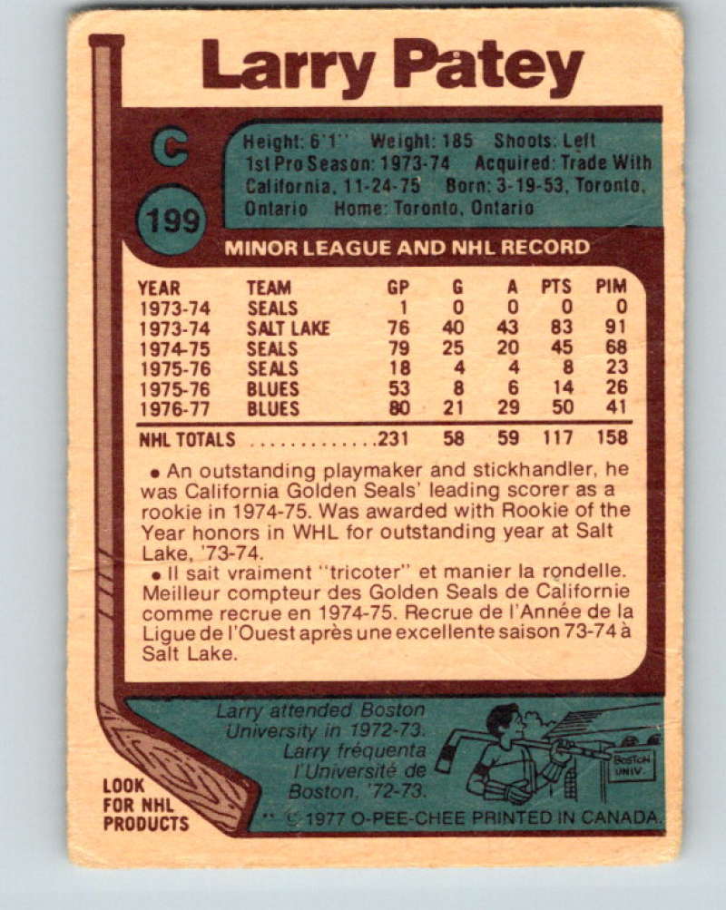 1977-78 O-Pee-Chee #199 Larry Patey NHL Blues 9828 Image 2