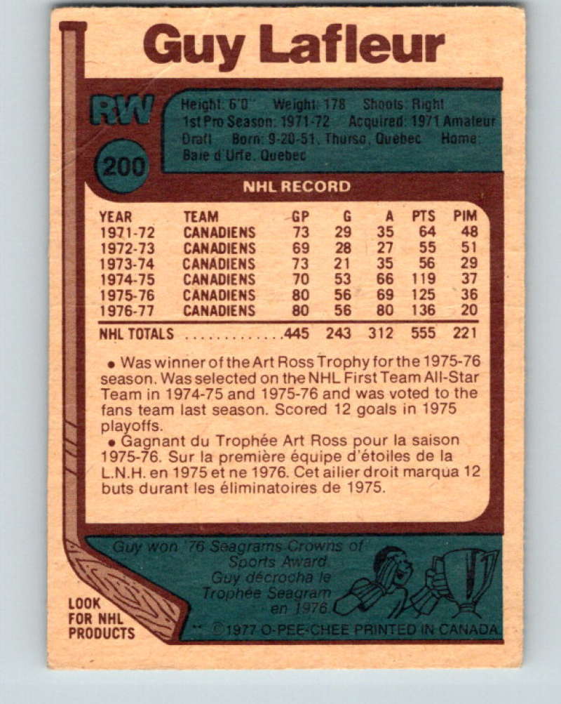 1977-78 O-Pee-Chee #200 Guy Lafleur NHL Canadiens AS 9829