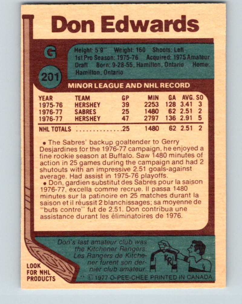1977-78 O-Pee-Chee #201 Don Edwards NHL RC Rookie Sabres 9830
