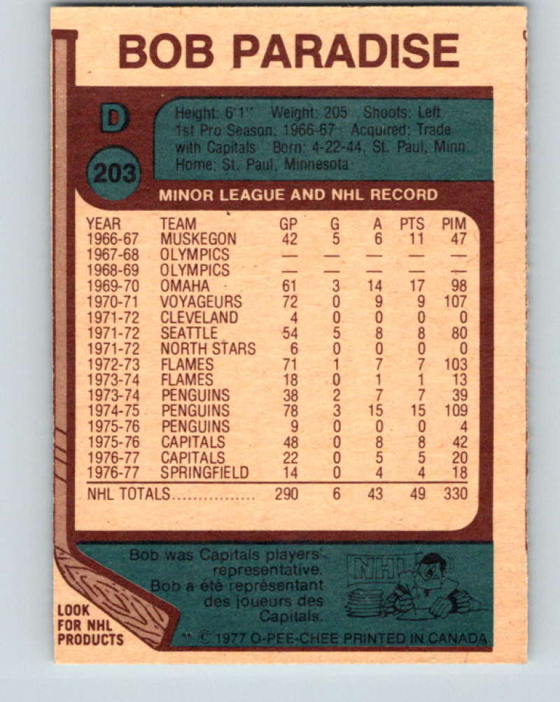 1977-78 O-Pee-Chee #203 Bob Paradise NHL Penguins 9832 Image 2