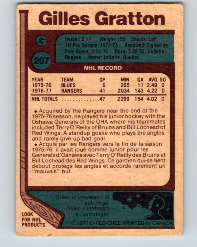 1977-78 O-Pee-Chee #207 Gilles Gratton NHL NY Rangers 9836 Image 2