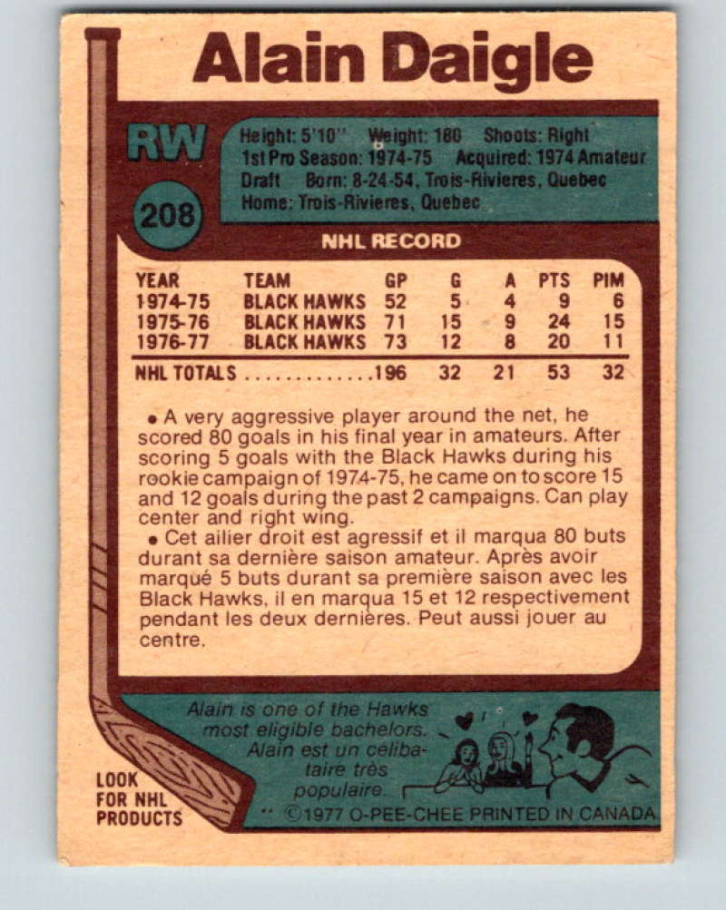 1977-78 O-Pee-Chee #208 Alain Daigle NHL Blackhawks 9837