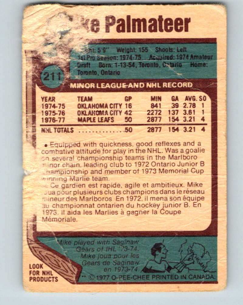 1977-78 O-Pee-Chee #211 Mike Palmateer NHL RC Rookie Leafs 9840