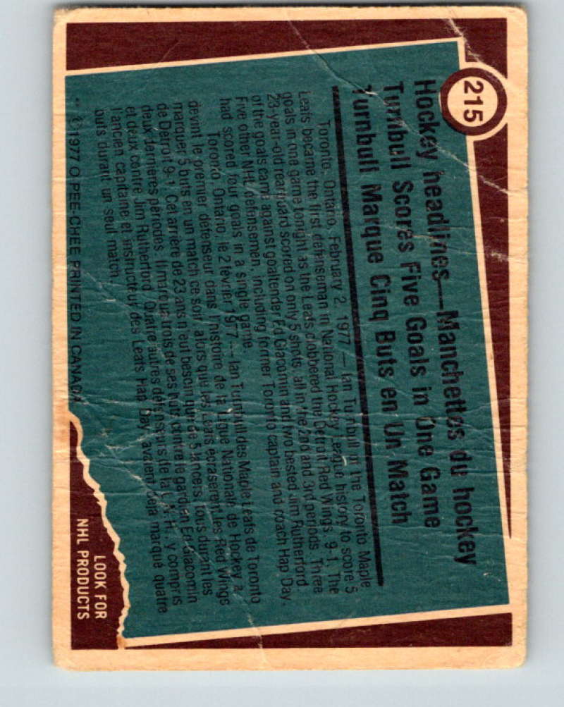 1977-78 O-Pee-Chee #215 Ian Turnbull NHL Maple Leafs RB 9845 Image 2