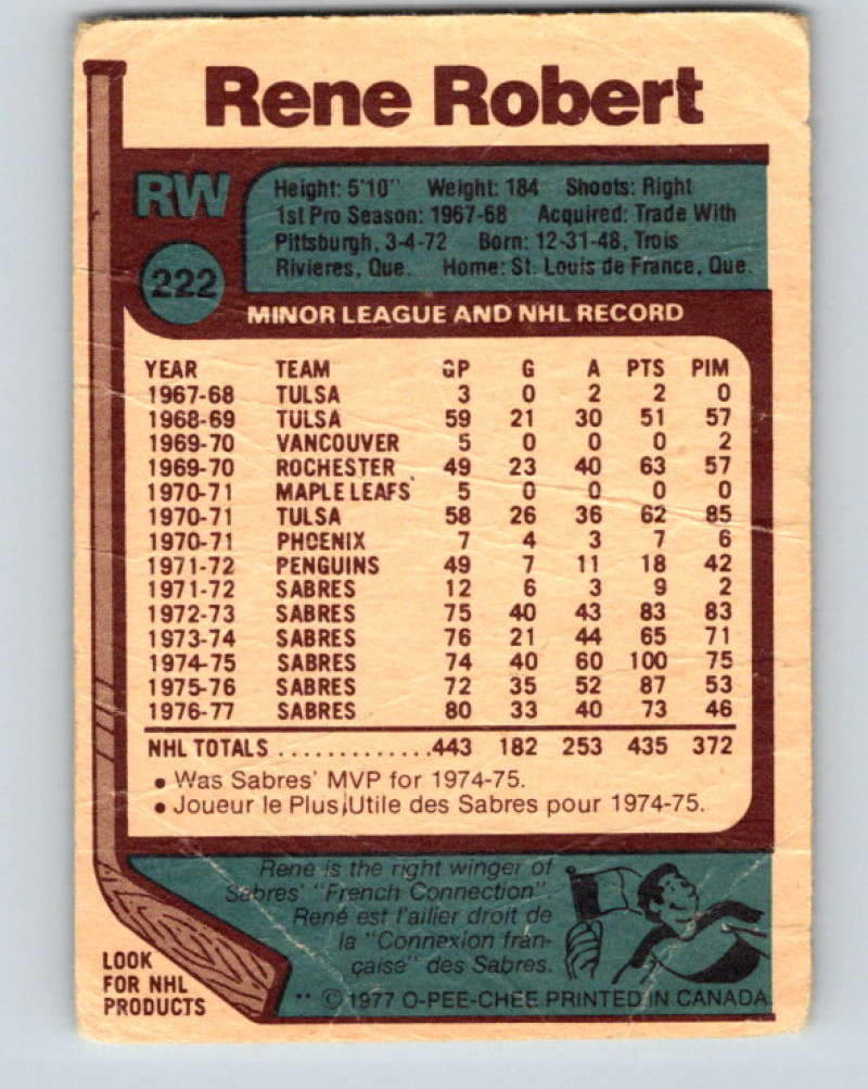 1977-78 O-Pee-Chee #222 Rene Robert NHL Sabres 9852 Image 2