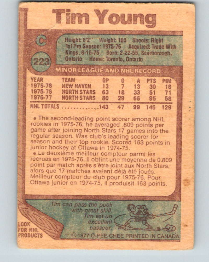 1977-78 O-Pee-Chee #223 Tim Young NHL North Stars 9853 Image 2